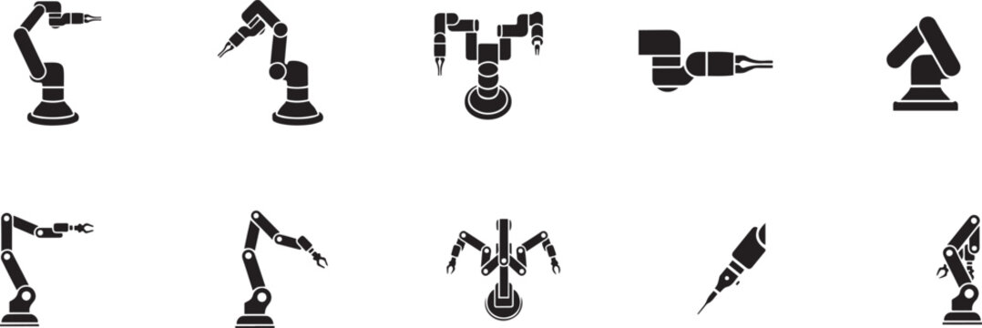 Minimalist black silhouette icon set of a surgical robot arm. square type Bundle