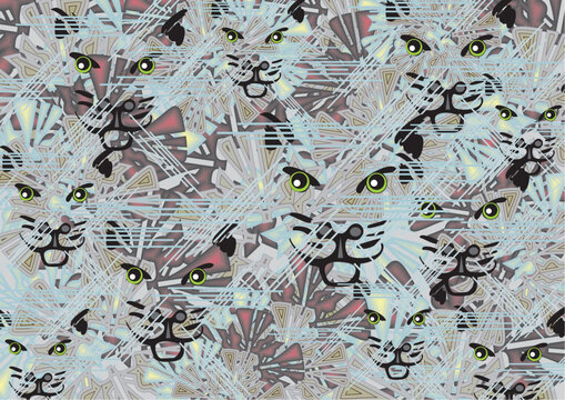 Textural backdrop with cat heads and floral elements for fashion trends or covers. Camouflage background for business concepts, scrapbooking, interiors, tiles, prints, wallpaper, posters, etc. Vector