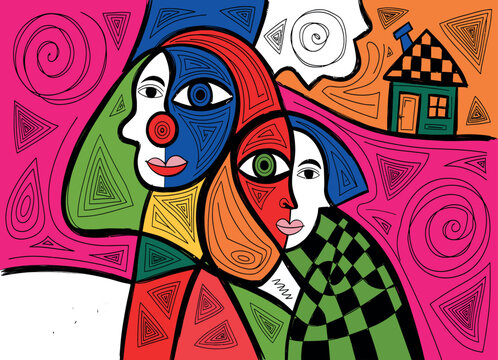 Abstract cubism style illustration of stylized people faces and a house