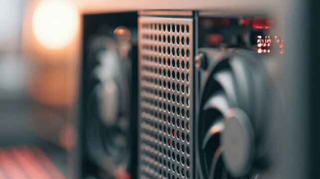 Close-up view of computer hardware cooling fans inside a desktop PC case, illuminated by warm light.