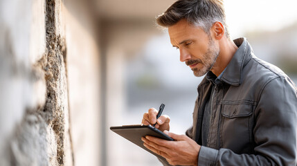 Male specialist inspecting a crumbling concrete wall, accurately documenting damages with a digital tablet and stylus for property assessment and future repair planning © syhin_stas