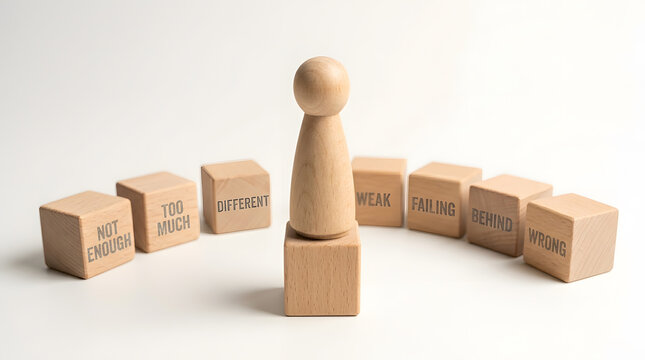 Mental health concept of self-doubt and insecurity | Wooden figure surrounded by negative labels like weak and failing | Symbolic representation of social pressure and low self-esteem | Challenges