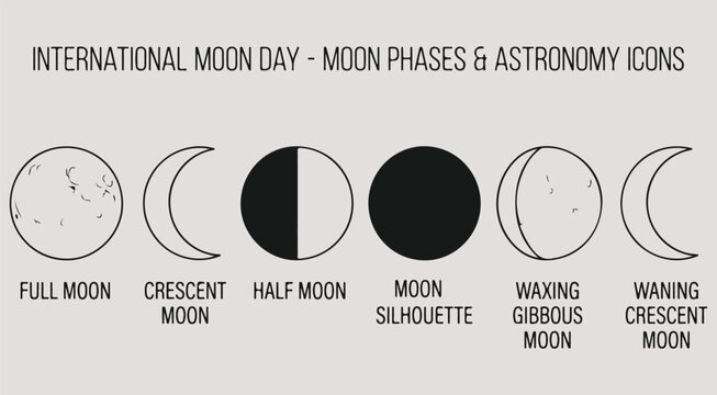 International Moon Day astronomy phases icons set featuring full crescent half waxing waning gibbous silhouette hand drawn vector illustration collection celestial lunar cycle space science

