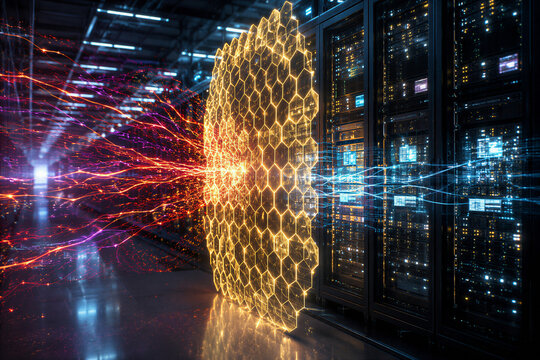 Cybersecurity AI Firewall sch&uuml;tzt Serverraum vor digitalem Hacker Angriff, 3D Illustration