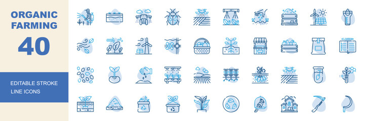 Organic farming icon set. Editable line icons crop spraying, drip irrigation, harvest basket, hydroponics vector illustration © Binaya