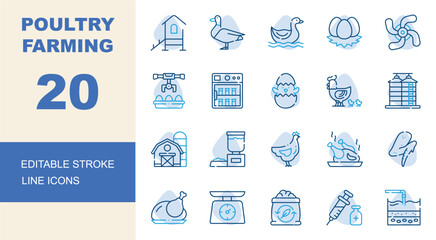 Poultry farming icon set. Editable line icons chicken coop, incubator, hen with chicks, eggs vector illustration © Binaya