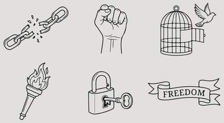 Freedom liberty rights icons set featuring broken chains raised fist birdcage open torch flame unlocked padlock and banner hand drawn vector illustration collection independence emancipation  © Afiya bano