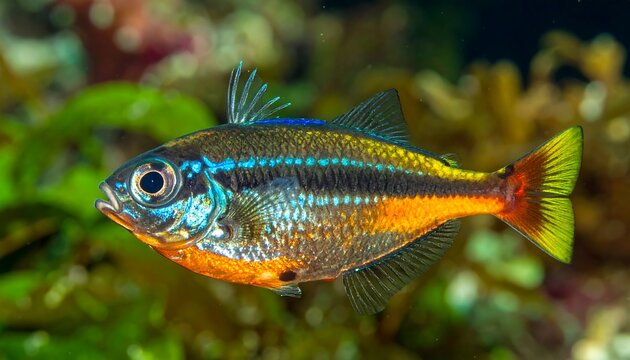 A vibrant small fish with iridescent blue and orange scales swims in front of blurred aquatic plants