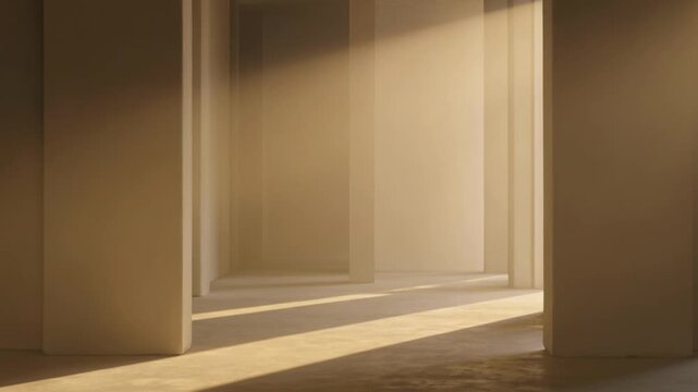 Beautiful warm golden hour sunlight streaming through a modern minimalist architectural corridor with beige plaster walls casting long dramatic shadows across the empty polished concrete floor
