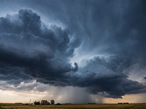 Dark storm clouds gather over a rural landscape. Rain falls in the distance, creating a dramatic sky. The scene captures the power of nature and impending weather.