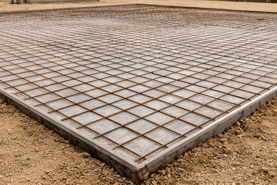 Square concrete slab foundation with grid of reinforcing steel mesh
