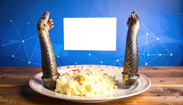 Fish heads emerging from mashed potatoes on dinner plate