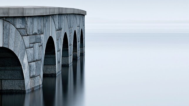 Serene Stone Bridge Arches Reflected in Calm, Misty Water Under a Pale Sky