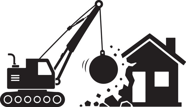 Demolition crane with wrecking ball destroying house, construction site machinery silhouette, building renovation and urban renewal vector icon
