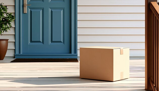Cardboard box sits on a porch, waiting for pickup by the door
