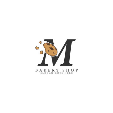 Letter M Logo with Cookie Illustration. Alphabet M Bakery and Sweets Design Icon