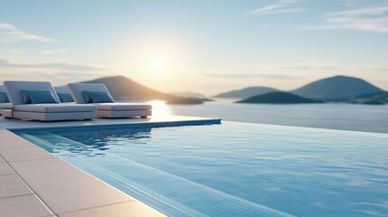 Naklejka premium Luxurious infinity pool overlooking a serene ocean landscape at sunrise with lounge chairs