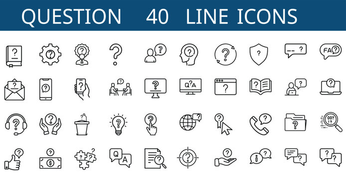 Frequently asked questions line icons set with faq speech bubble, help center, query search, customer support & more vector illustration with editable stroke.