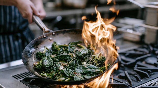 Chef searing fresh green vegetables in a sizzling hot wok with dramatic flames in a professional kitchen