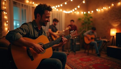 Obraz premium Happy group of friends plays acoustic guitars during indoor home party. Men perform music together in cozy room with warm fairy lights. Joyful people enjoy jam session with musical instruments,