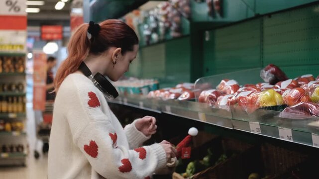 A young woman in a white wool sweater buys fruits at a supermarket in winter.