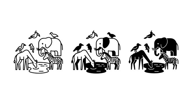 African Wildlife Icons Set: Elephants, Giraffes, Zebras, Birds Drinking Water, Vector Graphics Collection