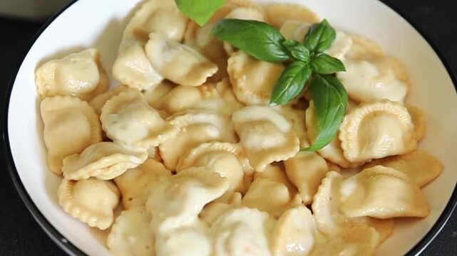Ravioli meat filling dumpling vareniki food preparation tasty snack fresh and delicious gourmet food background on the table rustic food top view copy space
