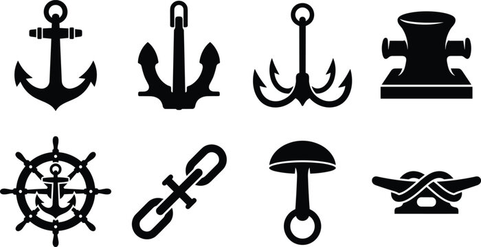 Set of black nautical silhouettes representing marine equipment ship anchors and sailing steering wheels isolated on white background