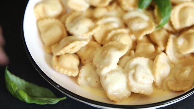 Ravioli meat filling dumpling vareniki food preparation tasty snack fresh and delicious gourmet food background on the table rustic food top view copy space