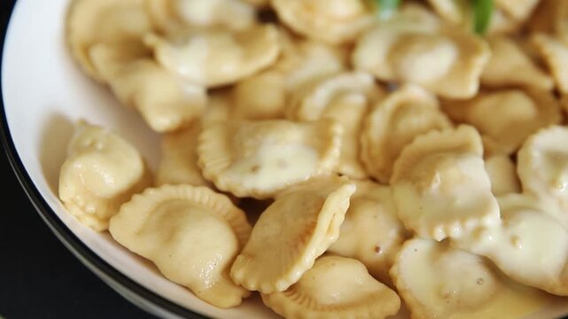 Ravioli meat filling dumpling vareniki food preparation tasty snack fresh and delicious gourmet food background on the table rustic food top view copy space
