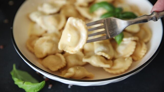 Ravioli meat filling dumpling vareniki food preparation tasty snack fresh and delicious gourmet food background on the table rustic food top view copy space