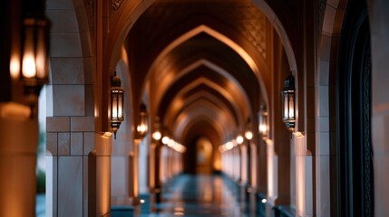 Obraz premium Long Palace Corridor With Arches and Lights Guiding the Way