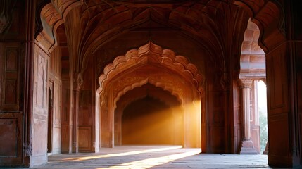 Fototapeta premium Long Corridor With Arches Leading to Light in Historic Palace Setting