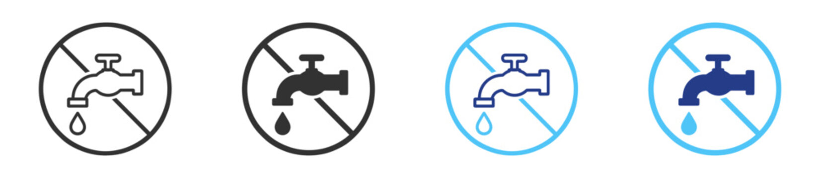 No water faucet icon set with prohibited tap, water restriction, supply outage, plumbing, utility and warning symbols on transparent background