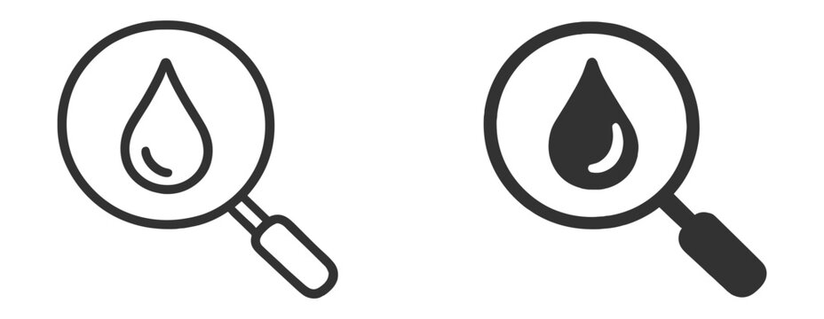 Outline water search icons collection featuring magnifying glass, water droplet, quality inspection, laboratory testing and analysis symbols on transparent background