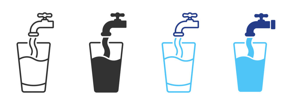 Tap water icon set with faucet, drinking water glass, hydration, household plumbing, clean water supply and beverage symbols on transparent background
