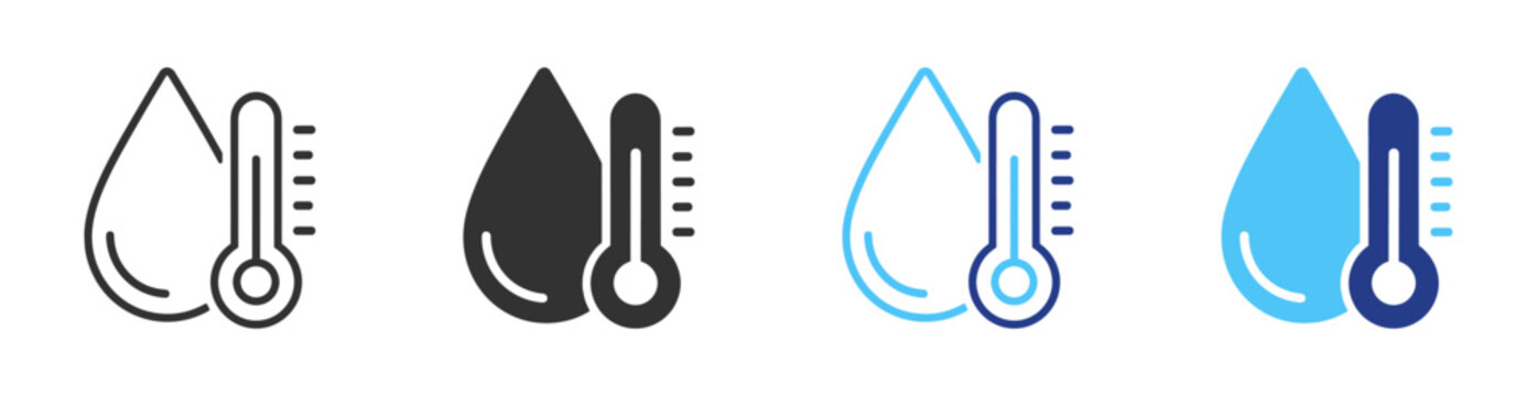 Water temperature icon set with water droplet, thermometer, thermal measurement, climate monitoring and temperature control symbols on transparent background