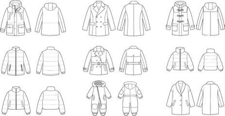 Winter Outerwear Fashion CAD Collection with Technical Drawings of Coats Jackets and Snowsuit Templates © Miss