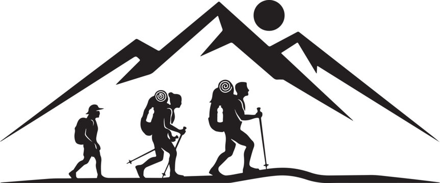Silhouette of three backpackers hiking in front of a mountain range with a sun on a white background, for outdoor adventure, and travel themes