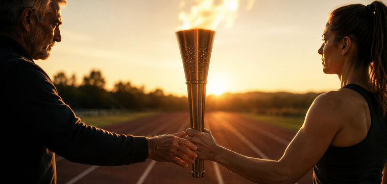 Generational handoff of a burning torch between an older mentor and female athlete, symbolizing succession, leadership transfer and continuity