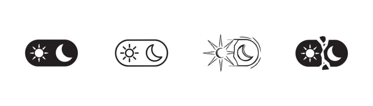 Set of day and night mode toggle switch icons isolated on transparent background, sun and moon theme.