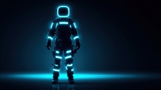 A futuristic astronaut stands illuminated by blue neon lights in a dark space, highlighting a sleek, high-tech spacesuit design.