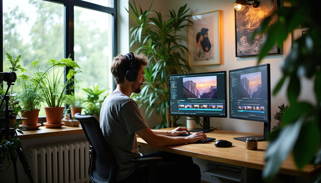 Young male digital creator edits video footage on dual monitors inside modern home office with desk. Freelancer wears pro earphones sitting at workstation near windows with green plants. Man works on