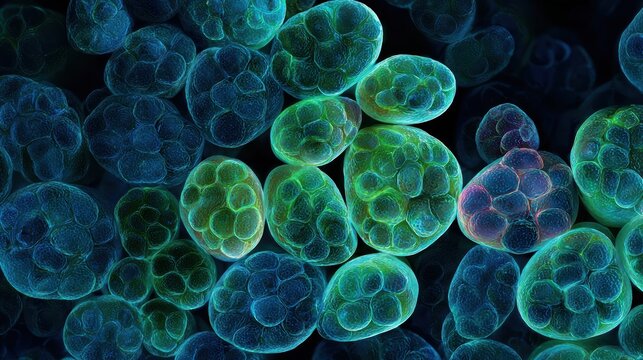 Microscopic view of glowing blue and green bioluminescent cells clustered together in a dark environment