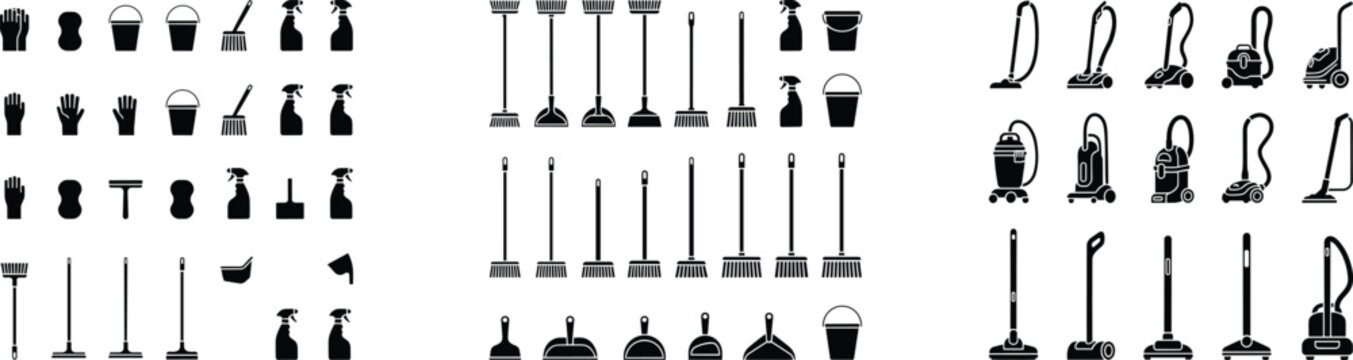 Collection of cleaning tools and supplies icons in silhouette vector illustration