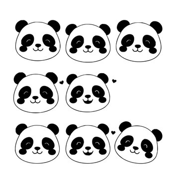 Collection of six cute, cartoon-style panda faces in various expressions and poses, arranged in a 2x3 grid on a plain white background. Each panda has a simple, rounded design with black and white ...