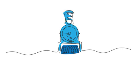 Single line abstract steam locomotive. Continuous line drawing of vintage railway engine. Historic transportation theme. Elegant outline style. One line vector illustration. © bakul garis