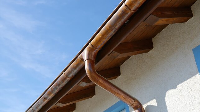 Elegent photo of A weathered copper gutter system is installed under a wooden roof eave against a blue sky. It represents sustainable home maintenance and architectural building renovation.