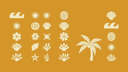 Collection of beach and tropical themed vector icons on a mustard yellow background summer © Click Studio