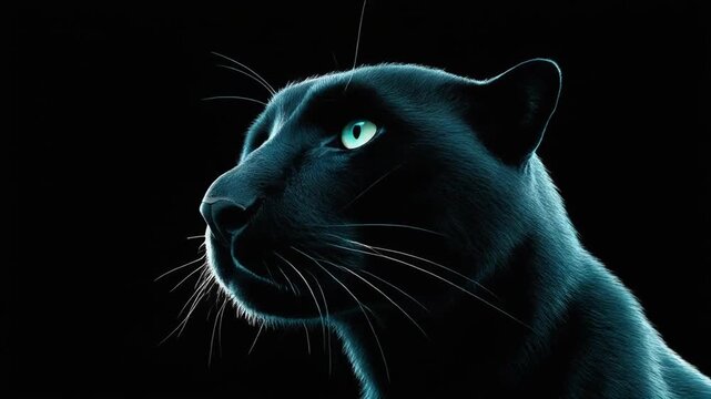 A close-up portrait of a majestic black big cat with striking glowing blue eyes